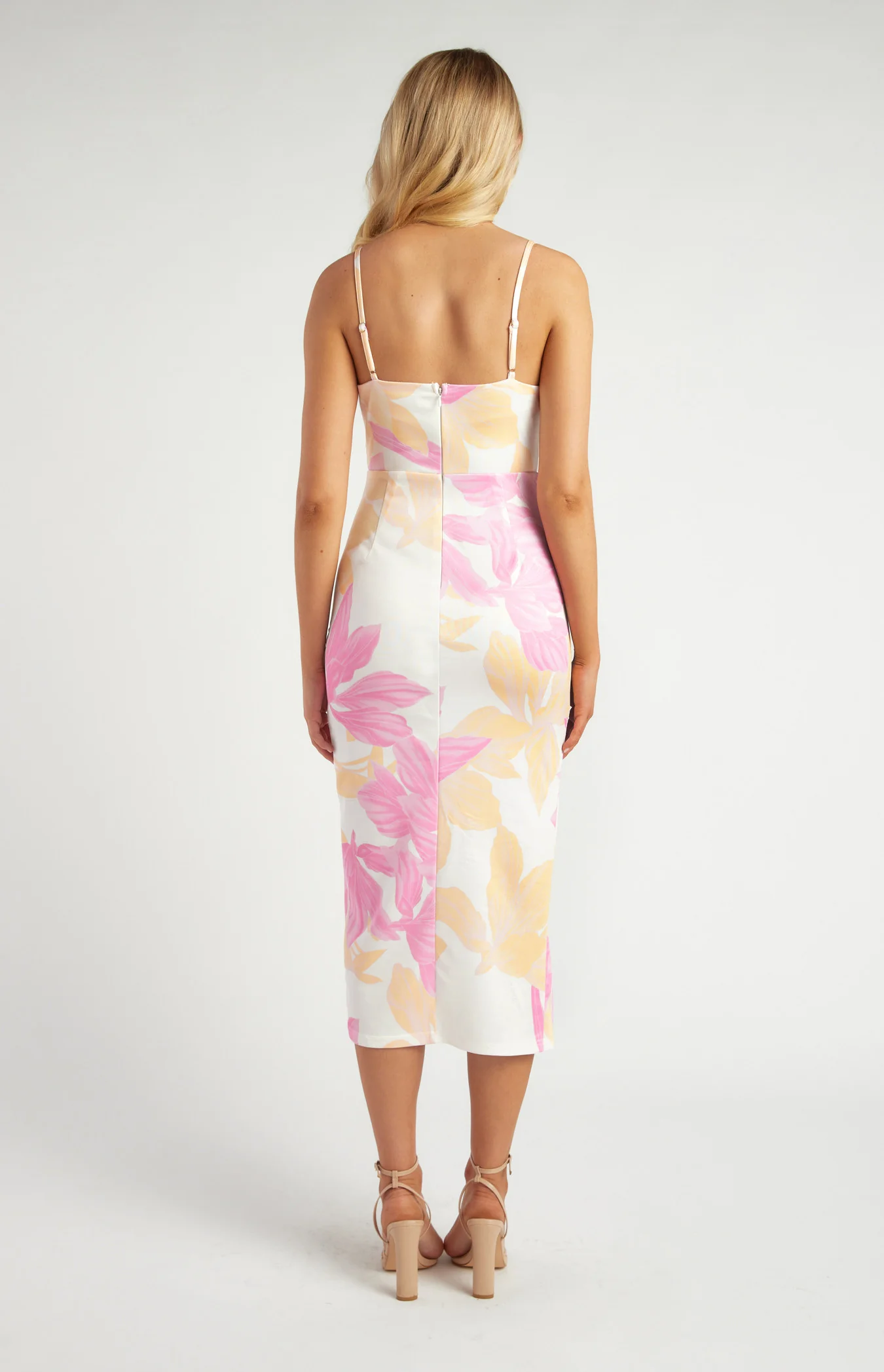 Stretch Bodycon Floral Dress with Side Pleat Details - Pink
