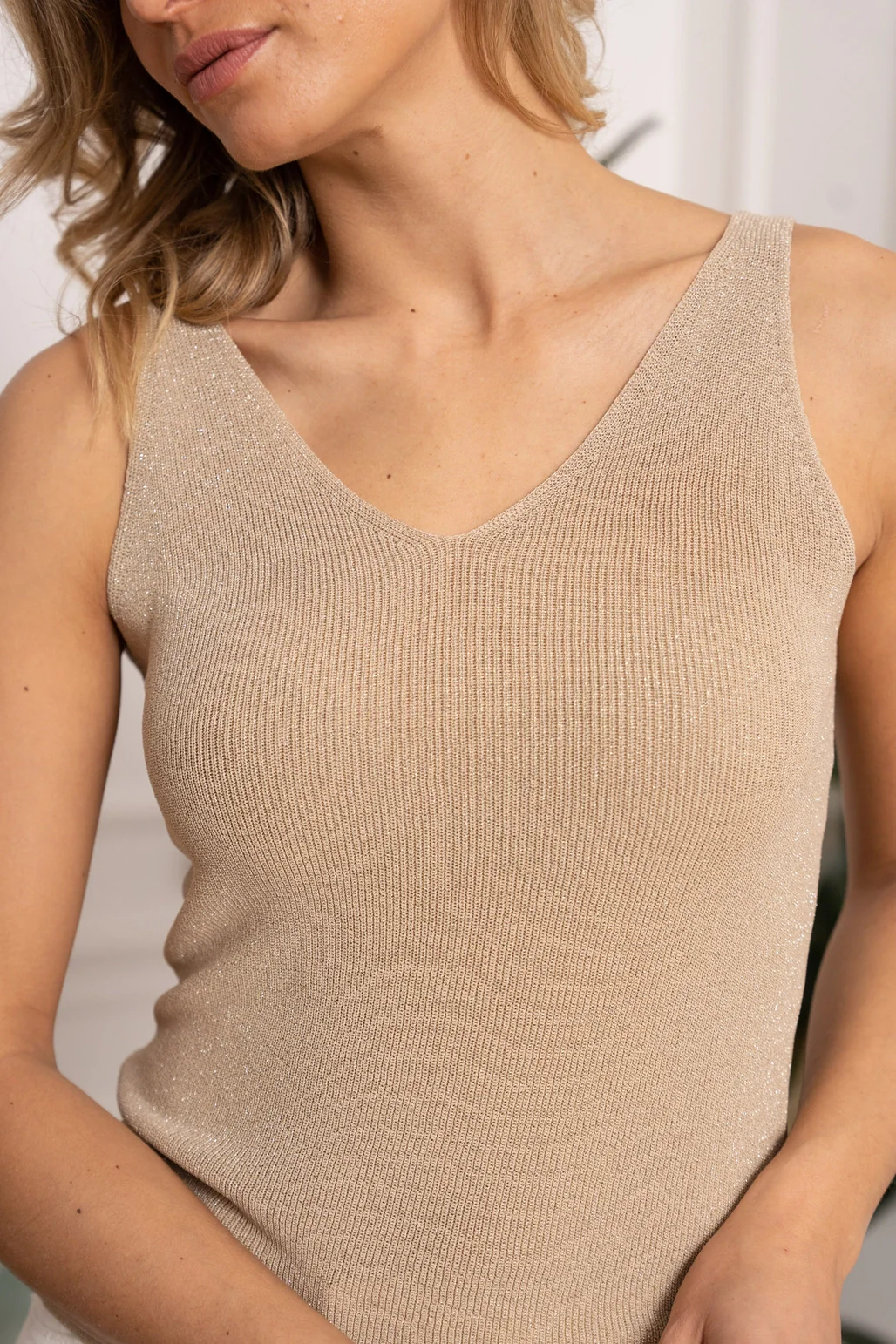 Lux Metallic Knit Tank Top - Beige