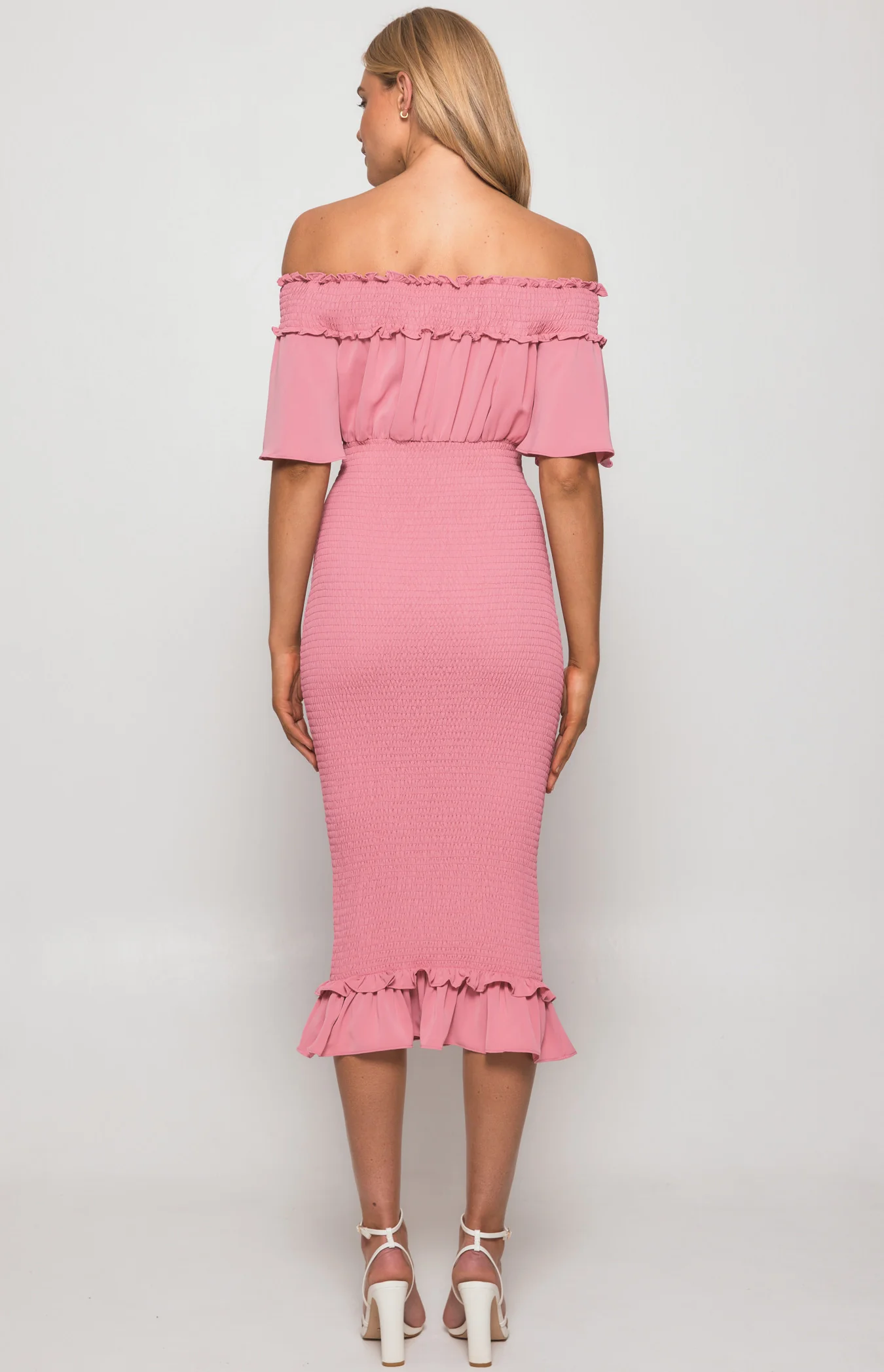 Off the Shoulder Shirred Midi Dress