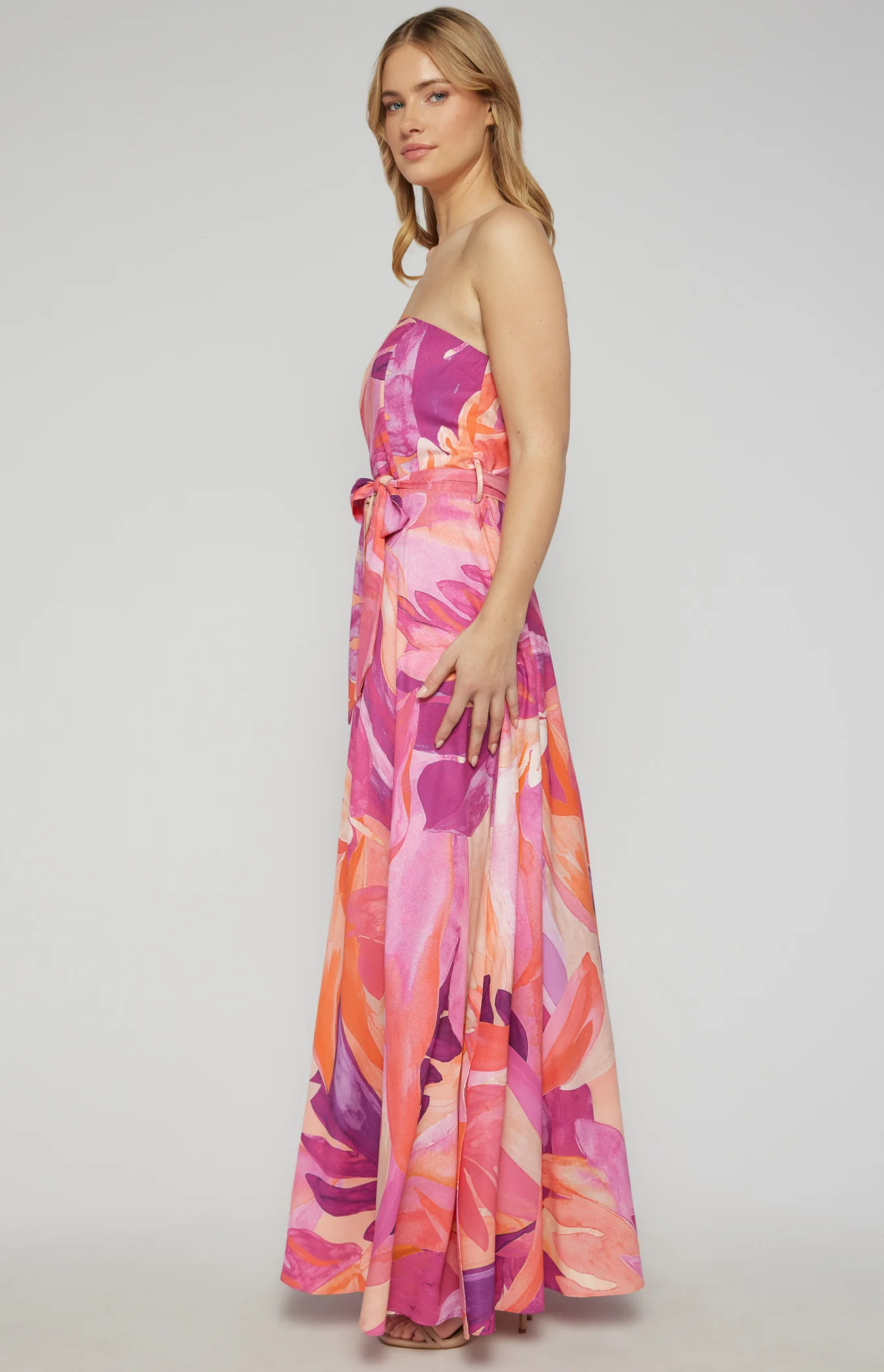 Abstract Print Strapless Maxi Dress- Pink