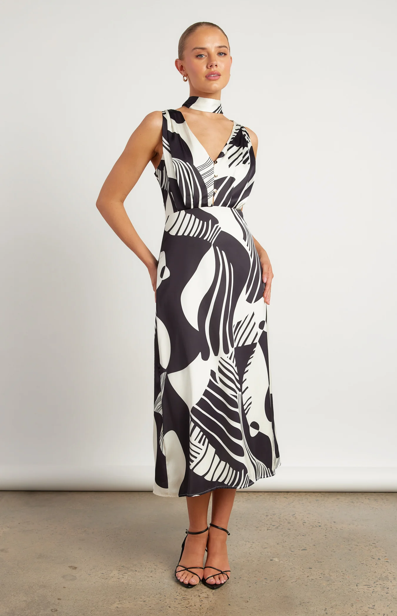 Abstract Printed Satin MidiDress with Scarf Feature