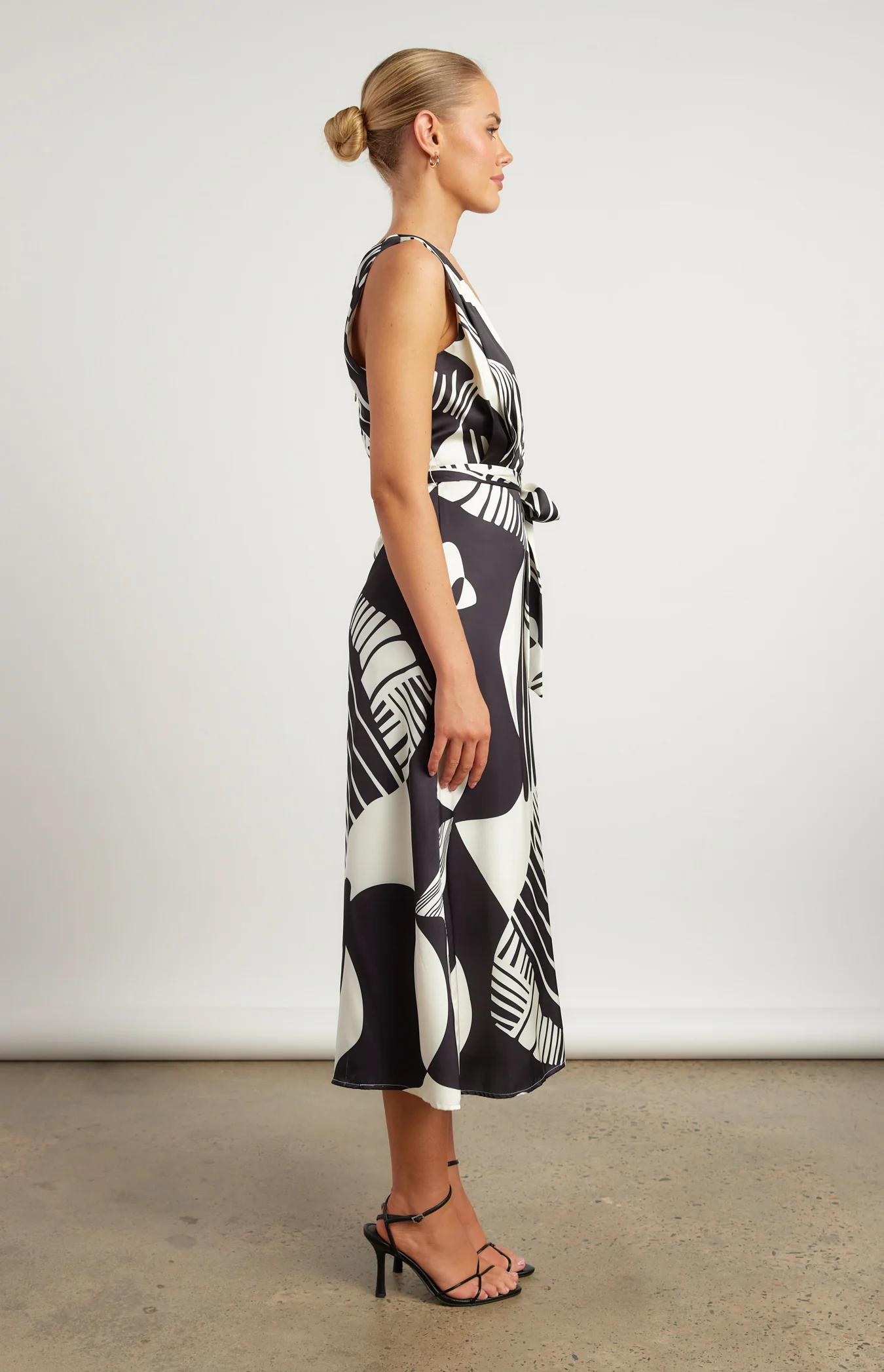 Abstract Printed Satin MidiDress with Scarf Feature