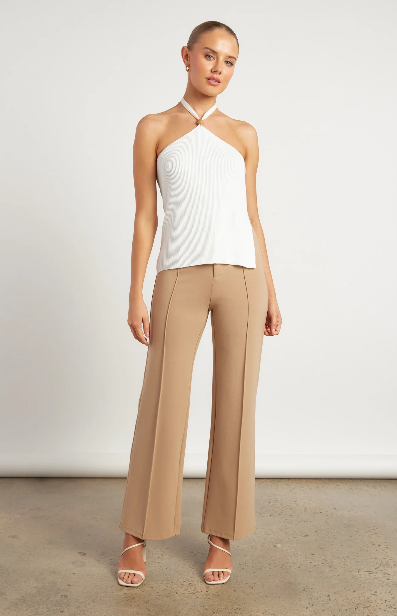 Wooden Bead Detail Halter Knit Top - White