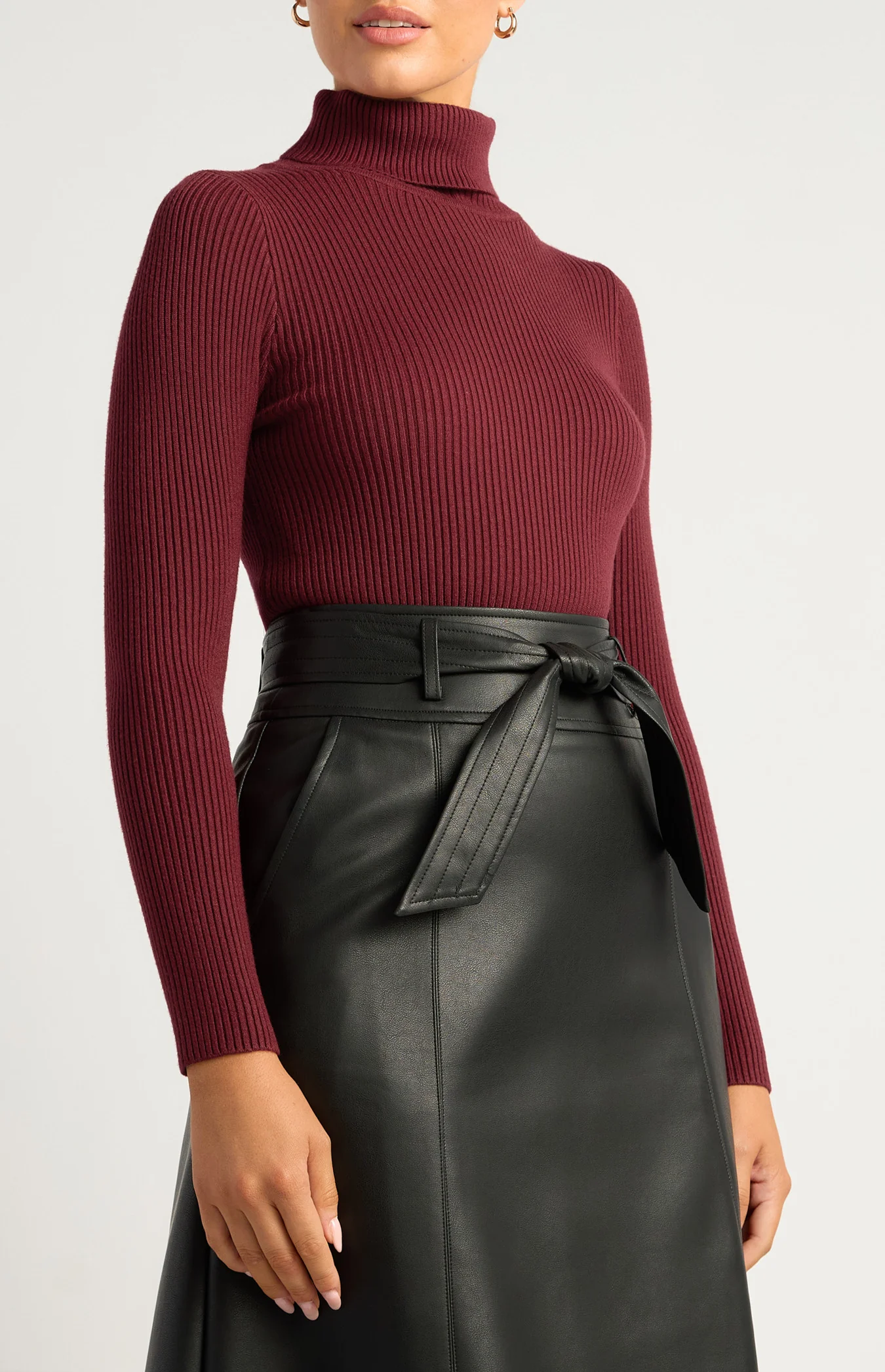 High Neck Fitted Basic Knit Top - Merlot