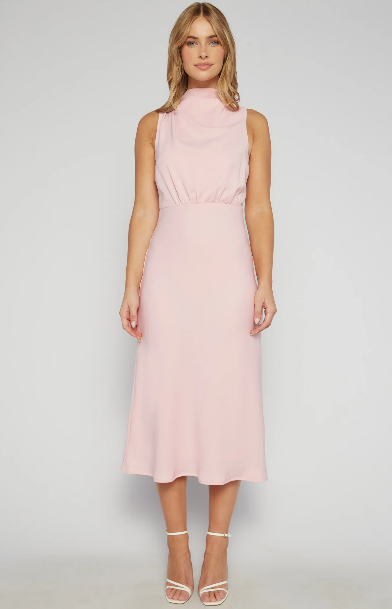 High Cowl Neck A Line Midi Dress - Pink