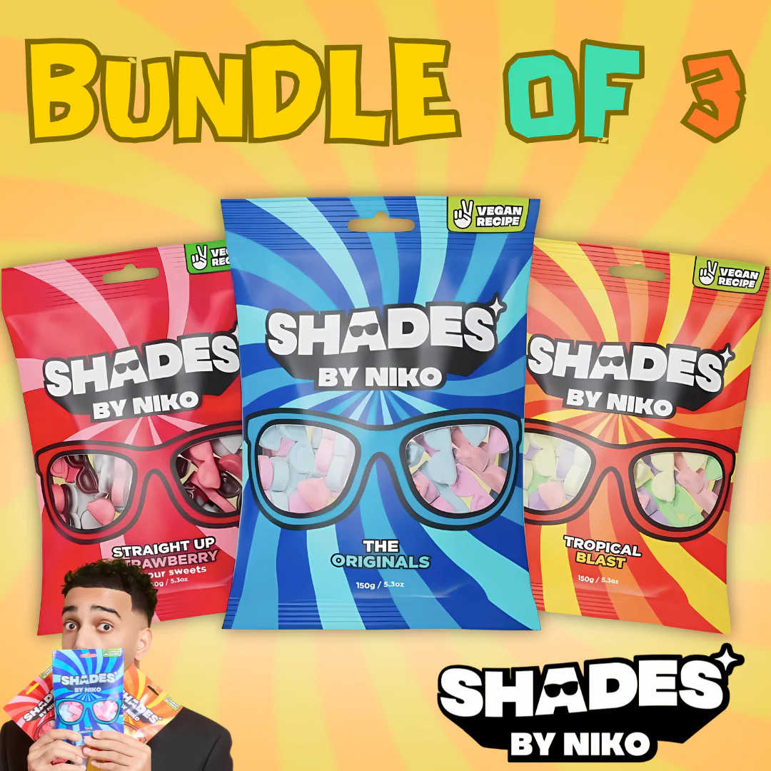 Shades by Niko Bundle a?? 3 x 150g Vegan & Halal Sweets (Tropical Blast, Strawberry, Originals)