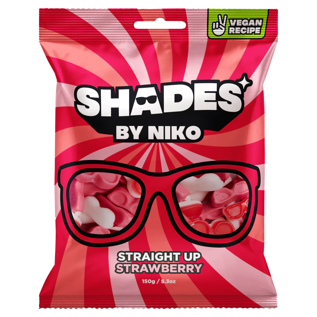 Shades by Niko Straighta?��Upa?��Strawberry 150g a?? Vegan & Halal Strawberry Bubble Sweets