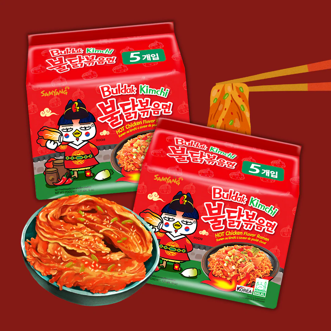 Samyang Buldak Kimchi Ramen a?? 10 Pack | Spicy Korean Noodles with Tangy Kimchi Flavour | Halal Certified