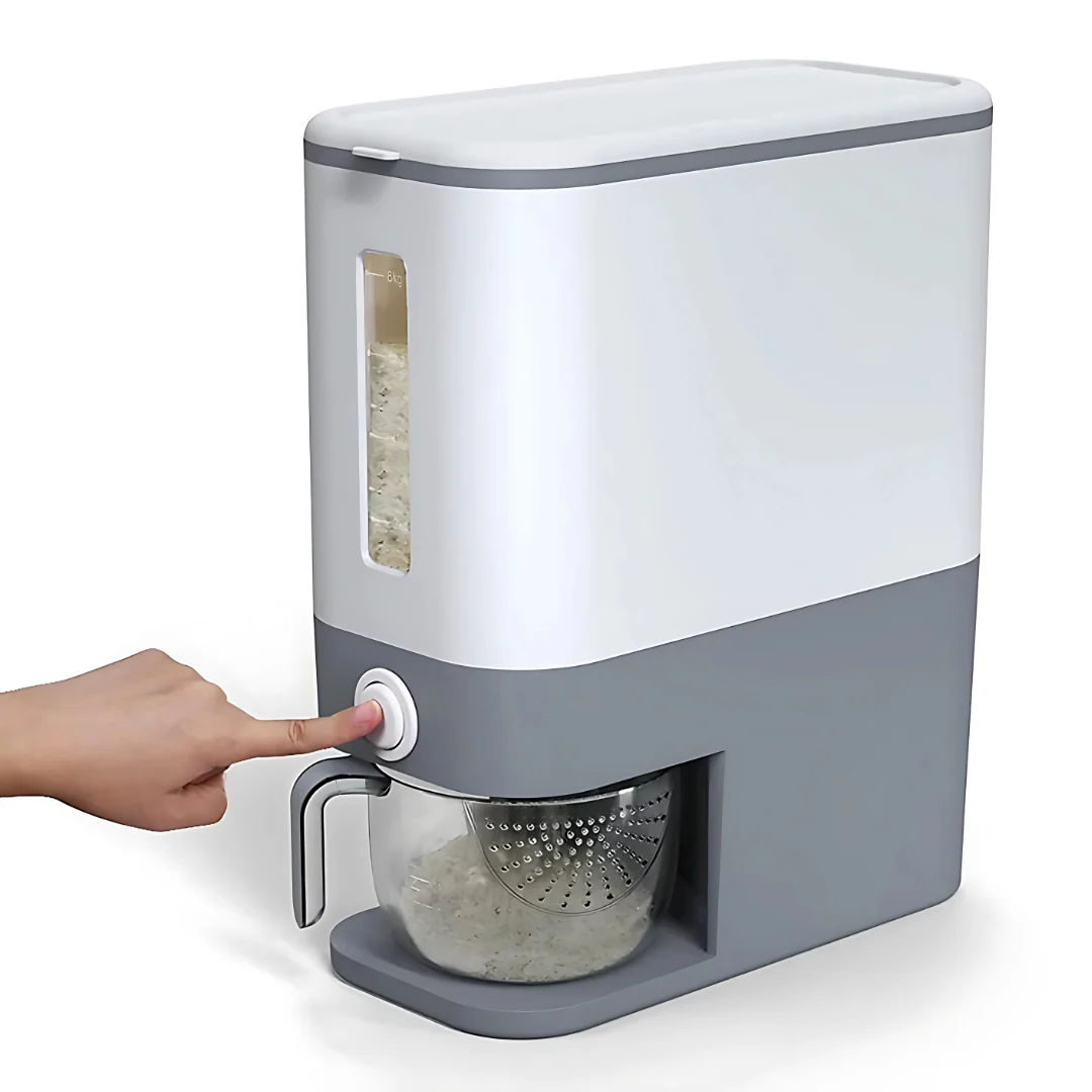 8kg Rice Dispenser with Measuring Jug & Built-in Strainer | Button Dispense System | Multi-Purpose Dry Food Storage
