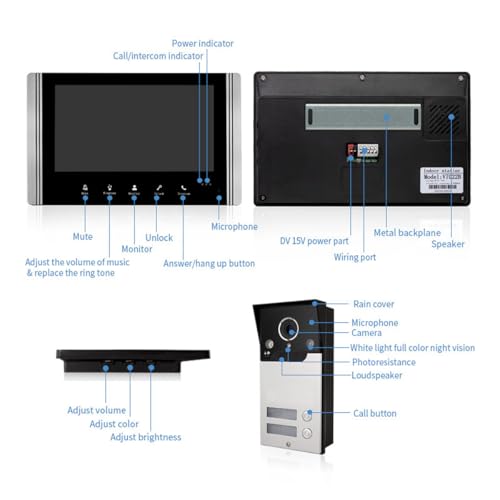 AOAMZ Videocitofono Cablato A 2 Unità Campanello, Videocitofono Collegato A 4 Fili Dotato Di Schermo LCD TFT 7 "Telecamera Di Visione Notturna Impermeabile Sbloccando Monitor Video Audio Bidirezionale : Fai da te