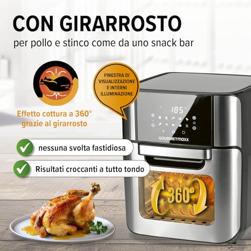 GOURMETmaxx Friggitrice digitale ad aria calda 12 L, forno XXL in acciaio inox | Timer, display touch, spiedo rotante | Frittura a basso contenuto di grassi e a risparmio energetico | 1800 W : Amazon.it: Casa e cucina
