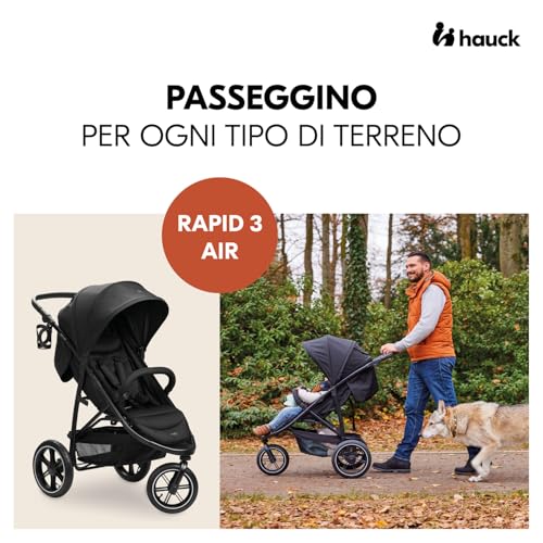 hauck Passeggino 3 Ruote Rapid 3 Air   Passeggino Leggero 22Kg Portata   Passeggino Pieghevole, Reclinabile Dalla Nascita, Manico Regolabile   Protezione UV50 , Ruote Ad Aria e Cesto Fino a 3kg   Nero : Prima infanzia