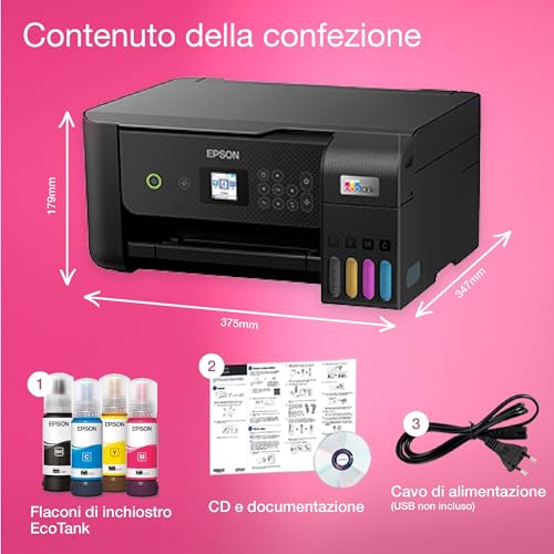 EPSON EcoTank ET 2820 stampante Multifunzione A4 (stampa, copia, scansione) USB, Wi Fi Direct, display LCD 3,7 cm, serbatoi flaconi alta capacità, Epson Smart Panel, fronte/retro, Nero : Informatica