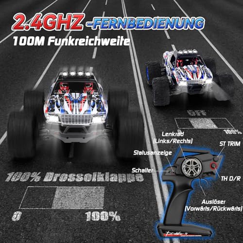 Auto telecomandata 1/14, 35   KM/H RC Auto con luci, Monstertruck telecomandato con 2 batterie 30 minuti, 2,4 GHz RC Auto Offroad impermeabile RTR All Terrain, regalo per bambini adulti : Giochi e giocattoli