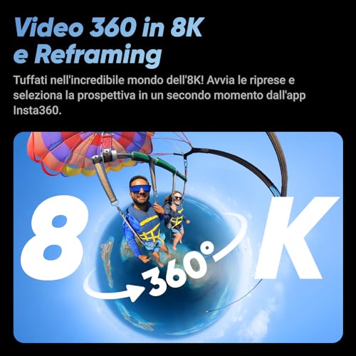 Insta360 X4   Action Cam 360° 8K Impermeabile, Video Grandangolari in 4K, Effetto selfie stick invisibile. Protezioni Lenti Rimovibili, Autonomia Batteria 135 min, Editing IA, Stabilizzazione, Sport : Elettronica