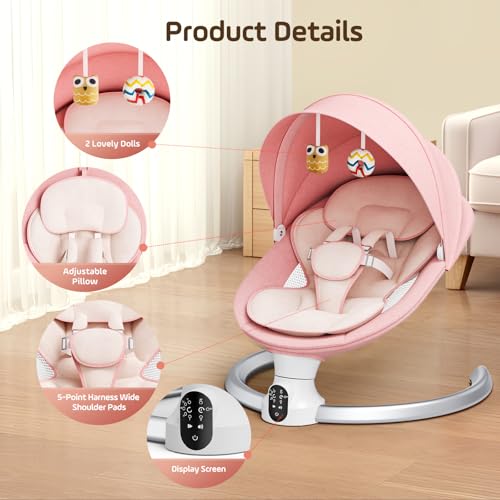 Brolteja Sdraietta Neonati Elettrica 0 9 kg,Dondolo Neonati Elettrico con Telecomando e Bluetooth,Sdraietta Neonati con 5 Ampiezza di Dondolio e Cintura di Sicurezza a 5 Punti,Rete per Insetti (Rosa) : Prima infanzia