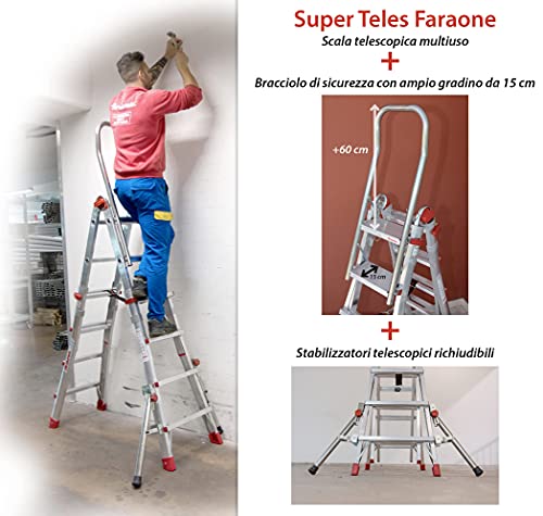 SUPER TELES   Scala telescopica professionale in alluminio (5   5 gradini) con bracciolo e stabilizzatori : Amazon.it: Fai da te