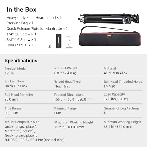 SMALLRIG Video Treppiede Resistente in Lega di Alluminio da 73