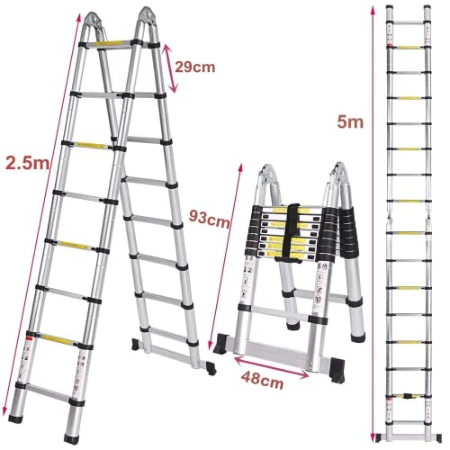 Nictemaw 5M Scala Telescopica in Alluminio Scala Retrattile pieghevole, Capacità 150kg (2,5M 2,5M) : Amazon.it: Fai da te