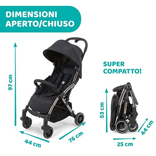 Chicco Cheerio Passeggino Leggero e Compatto da 0 mesi a 15kg (portata max 18kg), Passeggino Pieghevole, Posizione Nanna, Chiusura Automatica in 1 Gesto, Capotte Parasole e Parapioggia, Nero : Prima infanzia