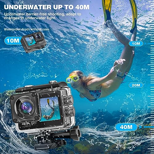 ACProPlus Action Camera 4K, videocamera sportiva WiFi con touch screen, doppio schermo, fotocamera subacquea impermeabile da 131 m, EIS 2.0, grandangolo 170°, zoom, 2 batterie e kit di accessori per : Elettronica