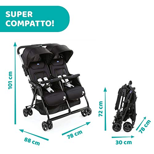 Chicco OHlalà Twin Passeggino Gemellare Doppio da 0 Mesi a 15 kg, Passeggino Leggero Reclinabile e Pieghevole, Chiusura Compatta, Poggiagambe Regolabili, Parapioggia e Capottina Estendibile, Nero : Prima infanzia