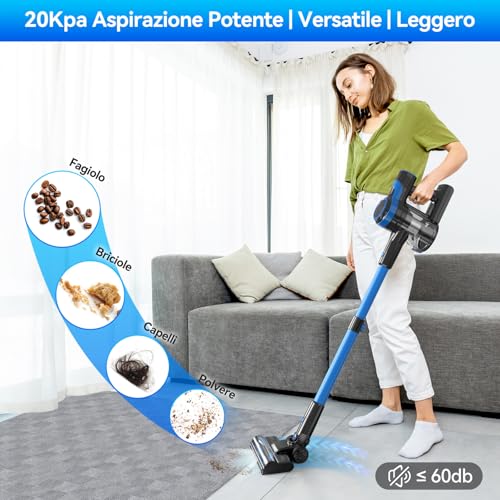 Aspirapolvere Senza Fili, Scopa Elettrica Potente 20000Pa, 40Min Autonomia, 6 in 1 Aspirapolvere Senza Sacco Portatile, Aspirapolvere Leggero in Piedi da Solo per Tappeti Peli Animali Pavimenti Duri : Amazon.it: Casa e cucina