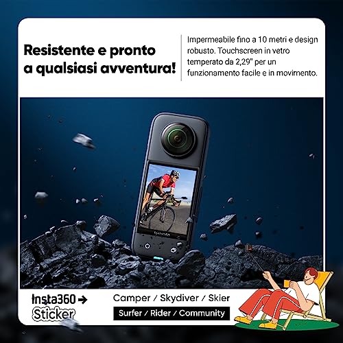 Insta360 X3 con Set di Adesivi Ufficiali   Action cam 360 Impermeabile con sensori 1/2" da 48 MP, video Active HDR 360 da 5.7K, foto 360 da 72 MP, obiettivo singolo 4K, stabilizzazione : Elettronica