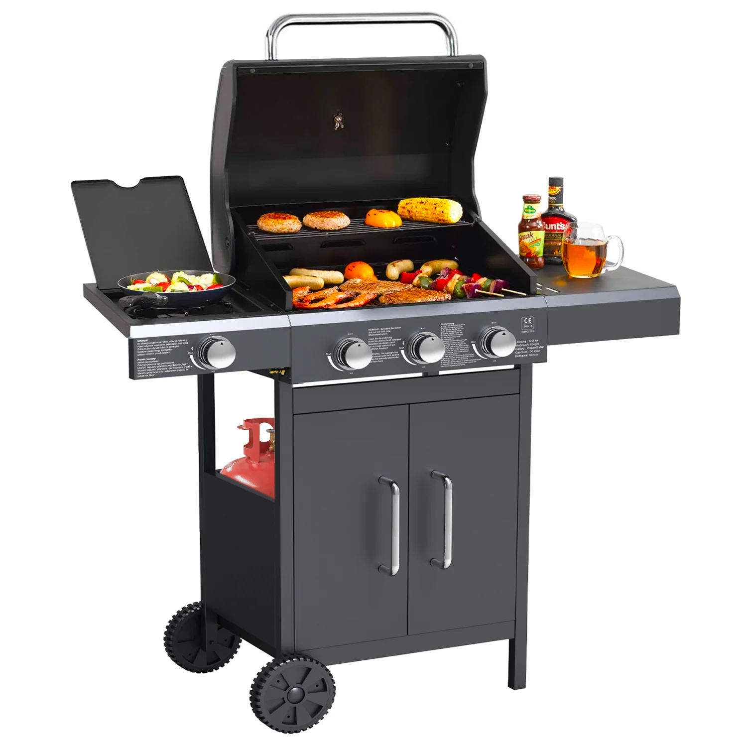 Barbecue A Gas 3 Fuochi E Fornello Laterale Con Ruote