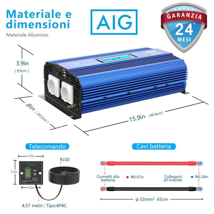 Giandel Power Inverter 2000W Onda Sinusoidale Pura Convertitore DC 12V a AC 220V 230V con telecomando & LCD Display e 2 presa AC e 2 Porte USB per auto,camion camper : Amazon.it: Elettronica