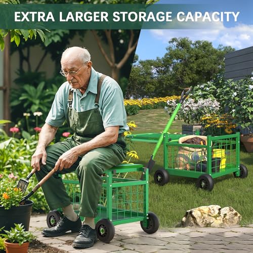 Sedia da lavoro da giardino con ruote, carrello da giardino aggiornato 2025 con sedile, resistente carrello da giardino con cesto portaoggetti, sgabelli da giardino per anziani, giardinieri, panca da : Amazon.it: Giardino e giardinaggio