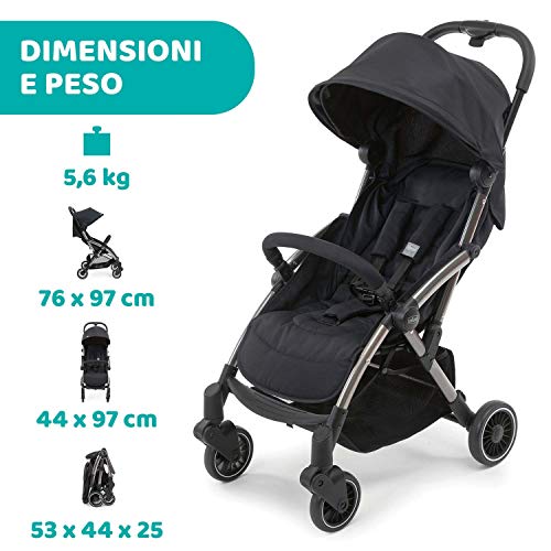 Chicco Cheerio Passeggino Leggero e Compatto da 0 mesi a 15kg (portata max 18kg), Passeggino Pieghevole, Posizione Nanna, Chiusura Automatica in 1 Gesto, Capotte Parasole e Parapioggia, Nero : Prima infanzia