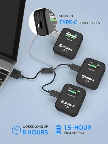 Moman Microfono Lavalier Wireless Professionale, C2X 2.4GHz Microfoni Senza Fili con Schermo TFT per Fotocamera Reflex Videocamera Smartphone Laptop, Microfono Lavalier Wireless Senza Fili : Elettronica