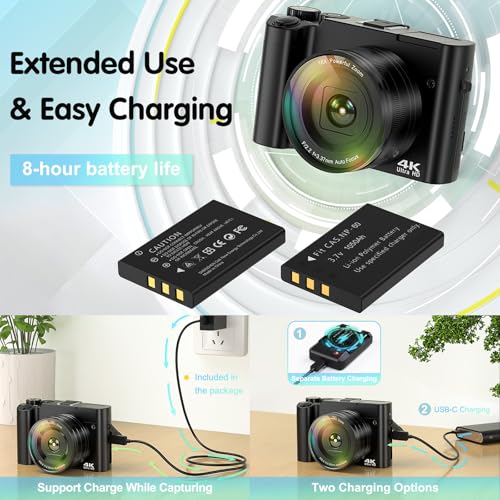 Macchina Fotografica Digitale, 64MP 4K Zoom Digitale 16X Fotocamera Digitale Autofocus con Flash Potente Macchina Fotografica Compatta con Scheda 32GB : Elettronica