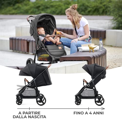 Kinderkraft GRANDE PLUS Passeggino Leggero dalla Nascita fino 22 kg, Pieghevole con una mano, Posizione Sdraiata, L'ammortizzazione su tutte le ruote, Cappottina XL, Nero : Amazon.it: Prima infanzia