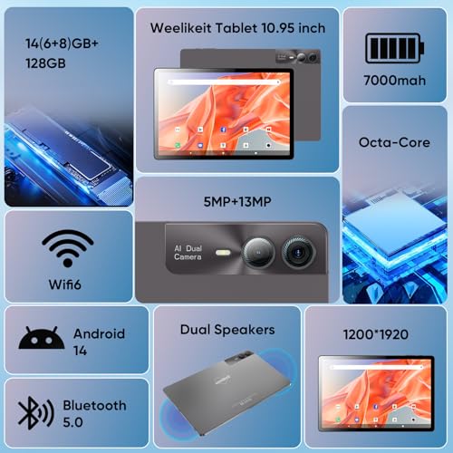 Weelikeit Tablet FHD da 11 pollici, Android 14, 6 GB di RAM   8 GB di RAM espandibile, memoria da 128 GB, doppia fotocamera posteriore da 13 MP, batteria da 7000 mAh : Informatica