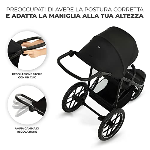 Kinderkraft HELSI Passeggino leggero 3 ruote, dalla nascita fino 27 kg, con Maniglione del genitore regolabile, Posizione sdraietta, Grande ruote gonfiabili, Cestello portaoggetti, Nero : Prima infanzia