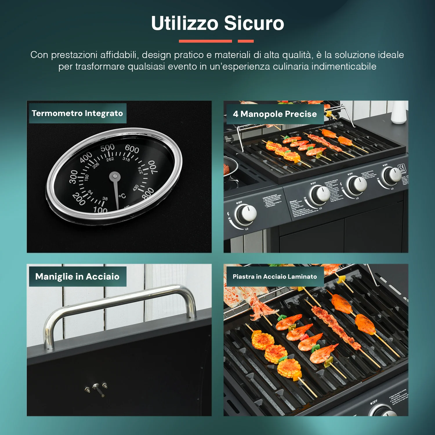 Barbecue A Gas 3 Fuochi E Fornello Laterale Con Ruote