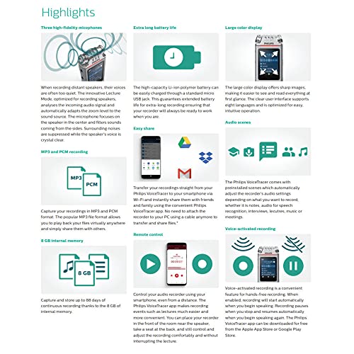 Philips DVT4110 VoiceTracer Registratore Audio, 3 microfoni, 8GB memoria : Amazon.it: Cancelleria e prodotti per ufficio