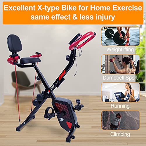 EVOLAND Cyclette Pieghevole da Casa, X Bike con Schienale, Sensore di Frequenza Cardiaca, 8 Livelli di Resistenza Magnetica, Attrezzatura per il Fitness per Adulti, 120kg Capacità nero e rosso : Sport e tempo libero