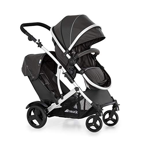 hauck Passeggino Doppio Duett 2   Passeggino Gemellare con Seduta Reversibile e Convertibile in Navicella Neonato   Manubrio Regolabile in Altezza   Parapioggia Incluso   Nero : Prima infanzia