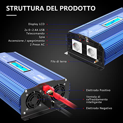 Giandel Power Inverter 2000W Onda Sinusoidale Pura Convertitore DC 12V a AC 220V 230V con telecomando & LCD Display e 2 presa AC e 2 Porte USB per auto,camion camper : Amazon.it: Elettronica