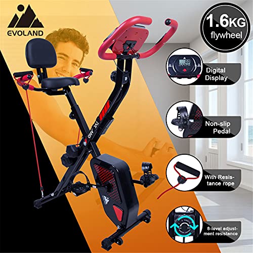 EVOLAND Cyclette Pieghevole da Casa, X Bike con Schienale, Sensore di Frequenza Cardiaca, 8 Livelli di Resistenza Magnetica, Attrezzatura per il Fitness per Adulti, 120kg Capacità nero e rosso : Sport e tempo libero
