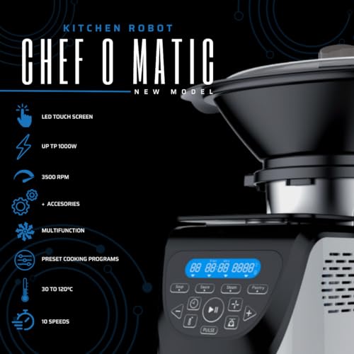 Chef O Matic robot da cucina multifunzione Kitchen Robot, 1000w, 3L, 3500 giri al minuto, Accessori multipli, 10 velocità, Schermo tattile a LED, Design elegante : Amazon.it: Casa e cucina