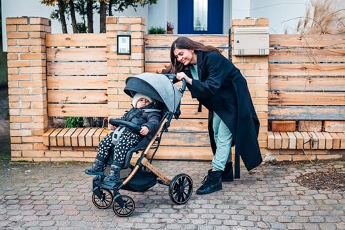 Passeggino MoMi ESTELLE DAKAR a partire da 6 mesi (fino a 22 kg), pieghevole con cintura di sicurezza a 5 punti, cestino porta spesa e funzione di apertura, manico telescopico per il traino : MoMi: Prima infanzia