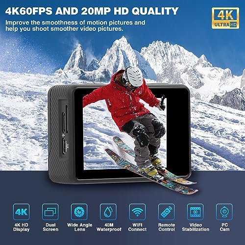 ACProPlus Action Camera 4K, videocamera sportiva WiFi con touch screen, doppio schermo, fotocamera subacquea impermeabile da 131 m, EIS 2.0, grandangolo 170°, zoom, 2 batterie e kit di accessori per : Elettronica