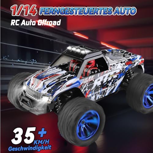 Auto telecomandata 1/14, 35   KM/H RC Auto con luci, Monstertruck telecomandato con 2 batterie 30 minuti, 2,4 GHz RC Auto Offroad impermeabile RTR All Terrain, regalo per bambini adulti : Giochi e giocattoli