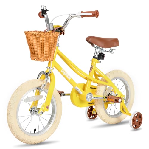 JOYSTAR 14 pollici bicicletta per bambini con ruota di allenamento e cestini, bicicletta per bambini per 3 5 anni ragazze, Giallo : Sport e tempo libero