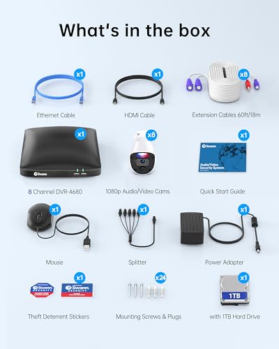 Swann   Sistema di telecamere di sicurezza DVR per la casa con disco rigido da 1 TB, fotocamera a 8 canali, video 1080p, CCTV di sorveglianza con cavo per interni o esterni, visione notturna : Elettronica