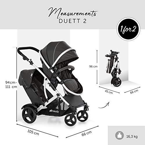 hauck Passeggino Doppio Duett 2   Passeggino Gemellare con Seduta Reversibile e Convertibile in Navicella Neonato   Manubrio Regolabile in Altezza   Parapioggia Incluso   Nero : Prima infanzia